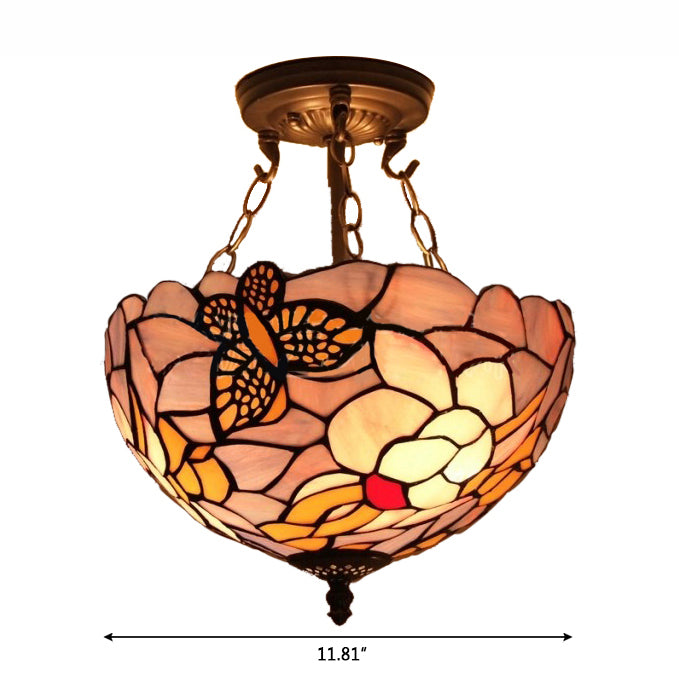 Bedroom Ceiling Lights LED, Victorian Floral Semi Flush Light with Chain and Stained Glass Shade, 12