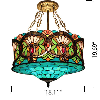 Living Room Ceiling Light LED, Stained Glass Drum Lighting Baroque Style, 18