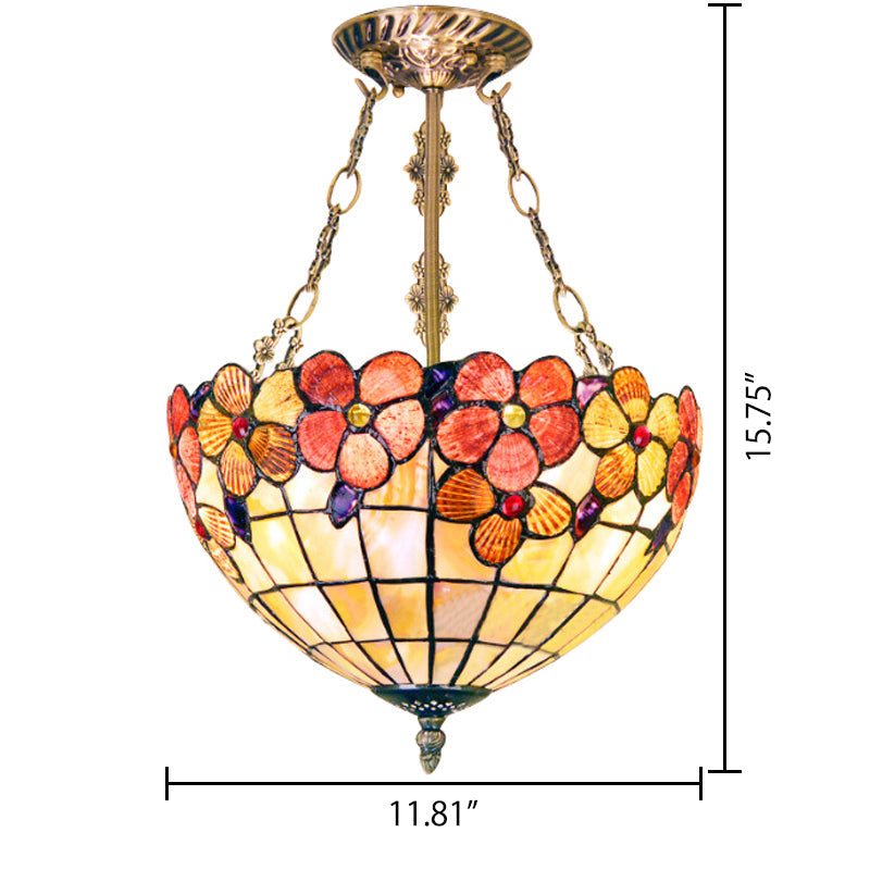 Bedroom Ceiling Lighting LED, Floral Semi Flush Light in Aged Brass with Rod and Art Glass Shade Tiffany Style Clearhalo 'Ceiling Lights' 'Close To Ceiling Lights' 'Close to ceiling' 'Semi-flushmount' 'Tiffany close to ceiling' 'Tiffany' Lighting' 105746