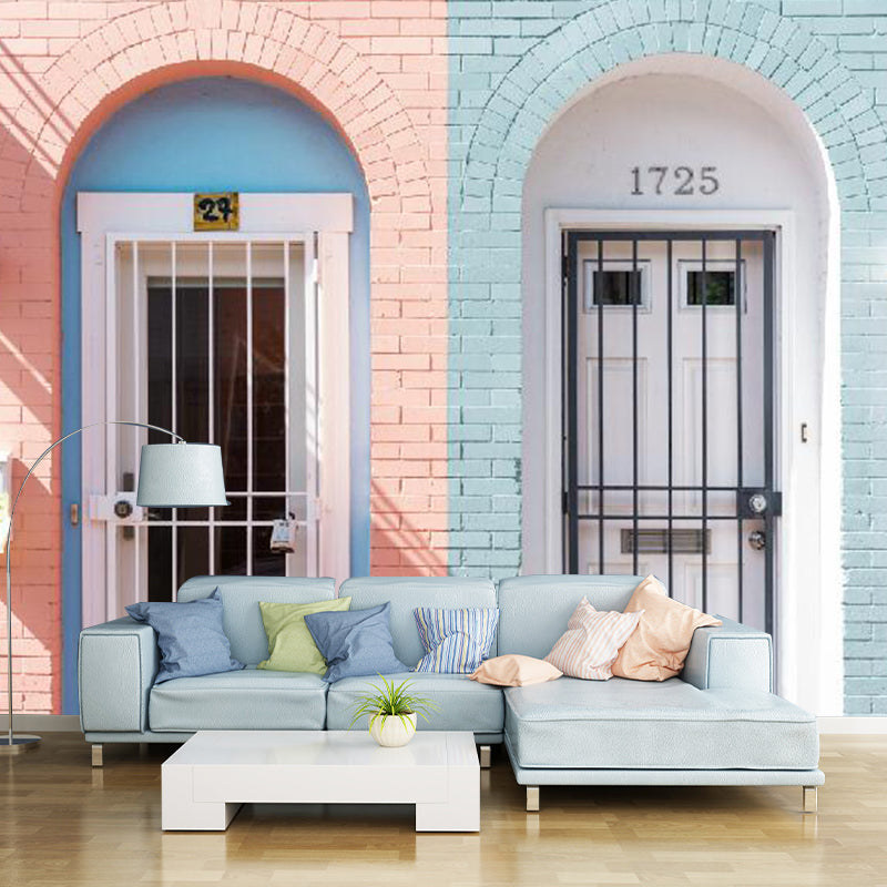 Full Size Street Scene Mural in Pink and Blue Non-Woven Fabric Wall Art for Accent Wall, Made to Measure Clearhalo 'Wall Decor' 'Wall Mural' 1061162