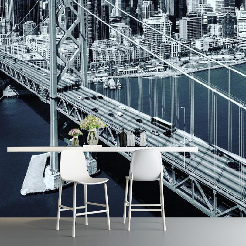 Grey Urban Bridge Wall Covering Water-Resistant Wall Mural Decal for Office Room Decoration Grey Clearhalo 'Wall Decor' 'Wall Mural' 1061171