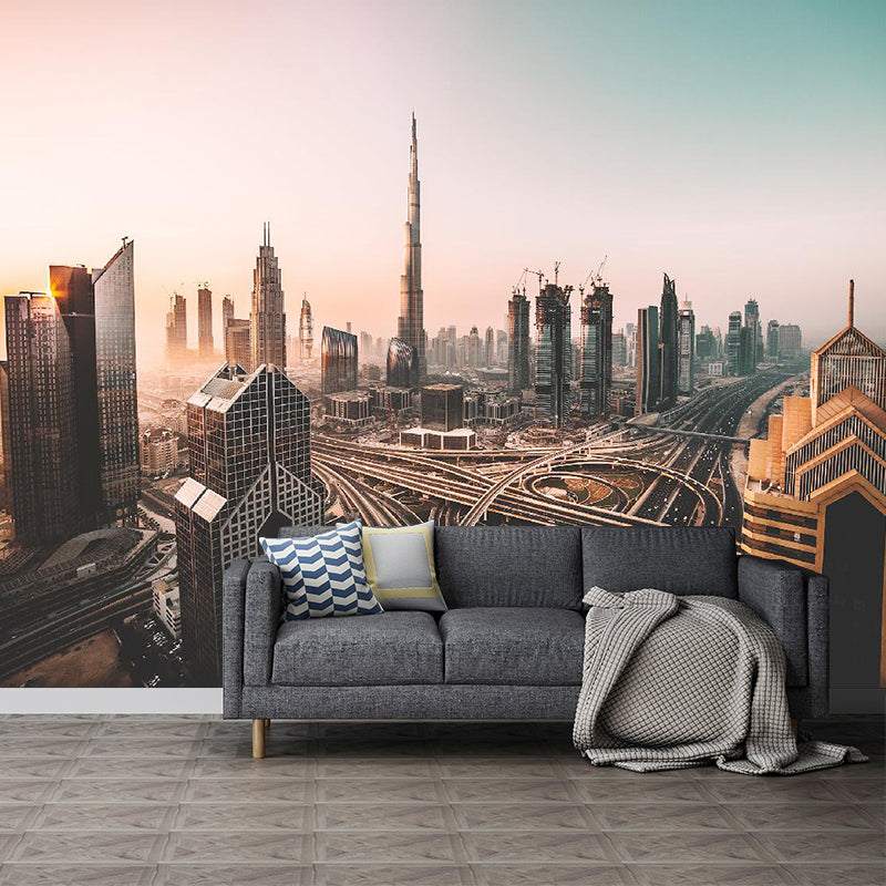 Photography Metropolis Wall Mural Decal Full Size Wall Covering for Accent Wall, Custom Size Available Orange-Gray Clearhalo 'Wall Decor' 'Wall Mural' 1061176