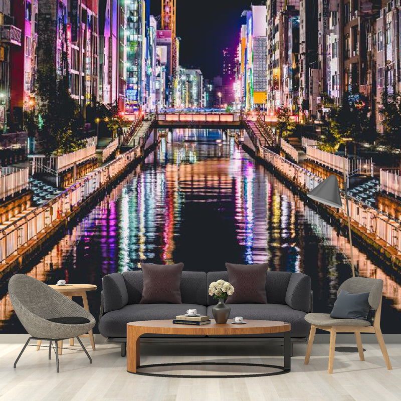 Enormous Photo Style Simplicity Mural Wallpaper for Guest Room Decor with Buildings and River Design in Orange and Black Orange-Black Clearhalo 'Wall Decor' 'Wall Mural' 1061191