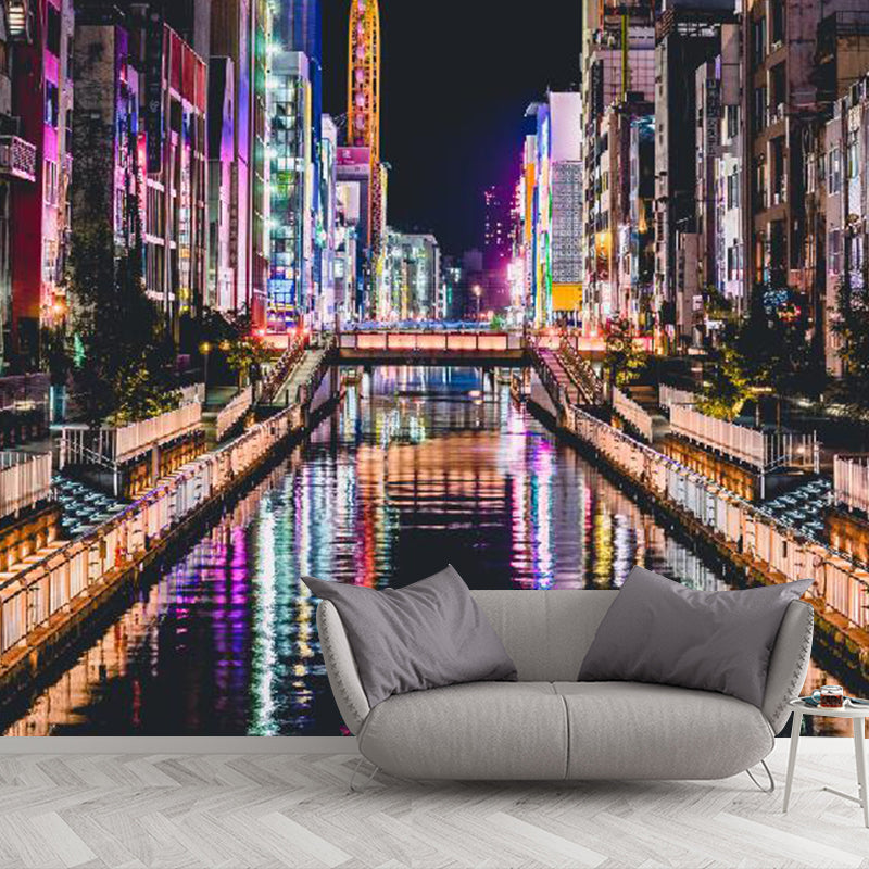 Enormous Photo Style Simplicity Mural Wallpaper for Guest Room Decor with Buildings and River Design in Orange and Black Clearhalo 'Wall Decor' 'Wall Mural' 1061192