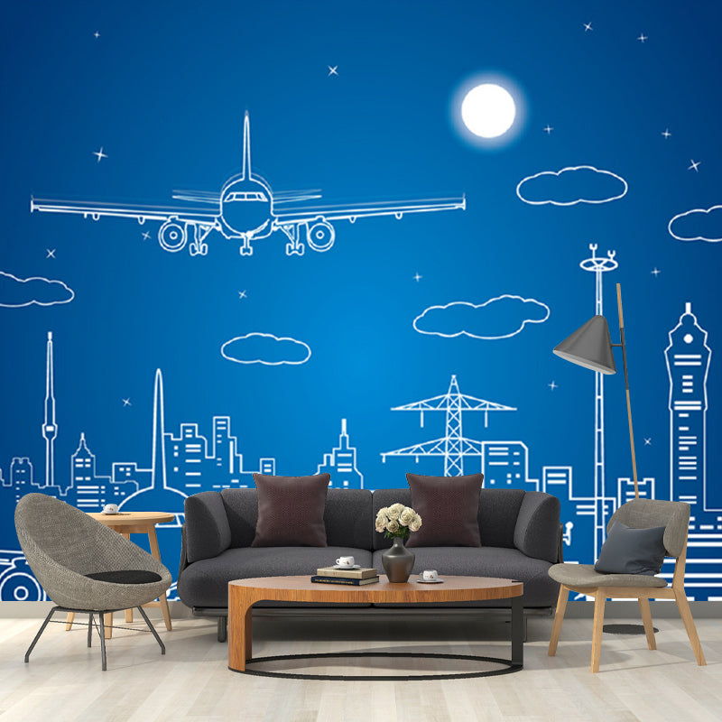 Full Size Minimalist Wall Mural in Blue Night City and Airplane Wall Art, Made to Measure Blue Clearhalo 'Wall Decor' 'Wall Mural' 1061201