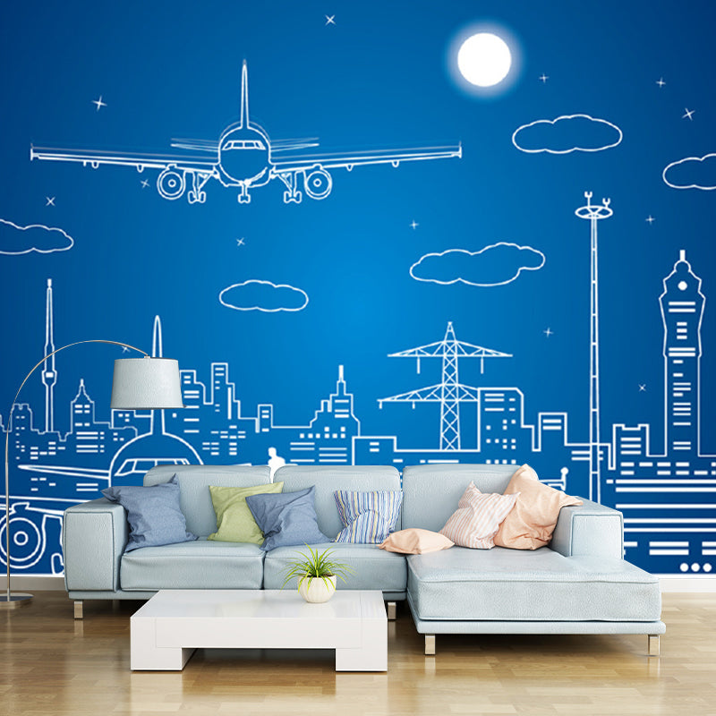 Full Size Minimalist Wall Mural in Blue Night City and Airplane Wall Art, Made to Measure Clearhalo 'Wall Decor' 'Wall Mural' 1061202