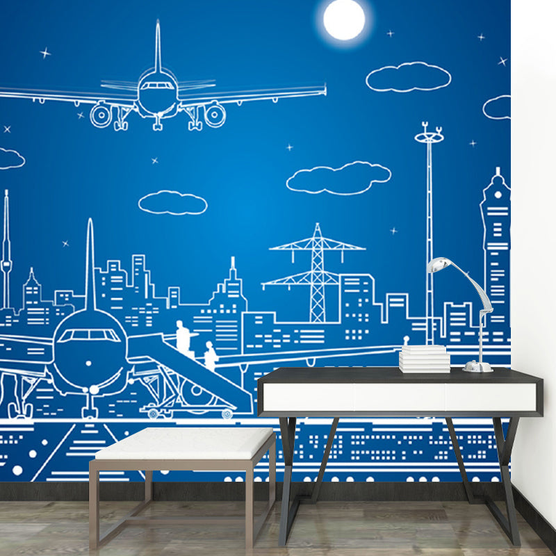 Full Size Minimalist Wall Mural in Blue Night City and Airplane Wall Art, Made to Measure Clearhalo 'Wall Decor' 'Wall Mural' 1061203