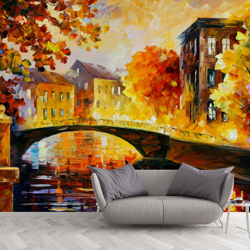 Illustration Bridge Wall Mural Decal Extra Large Wall Covering for Accent Wall, Made to Measure Orange-Yellow Clearhalo 'Wall Decor' 'Wall Mural' 1061231