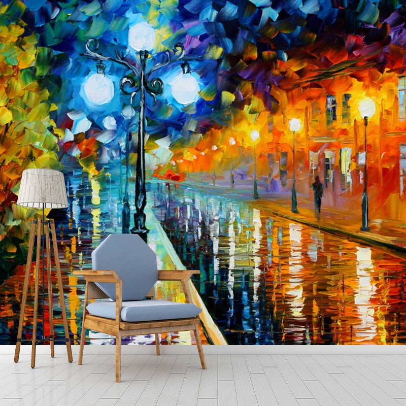 Aesthetic Night Street Mural Wallpaper for Coffee Shop Decor, Custom-Made Wall Art in Orange and Blue Clearhalo 'Wall Decor' 'Wall Mural' 1061238