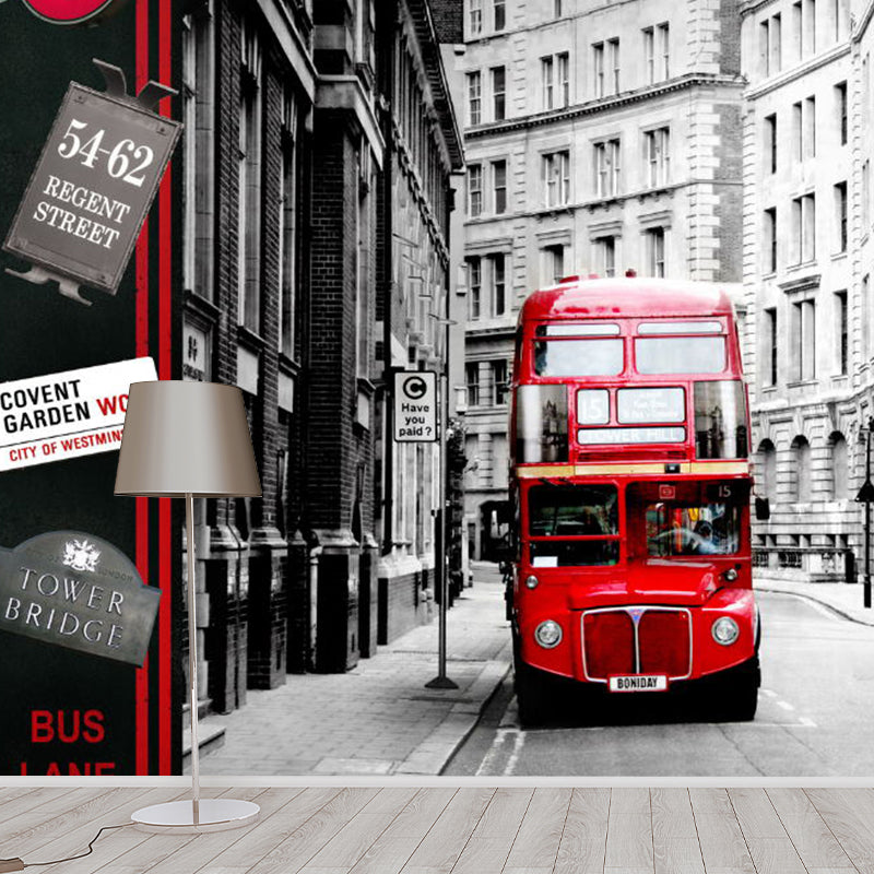 Red and Grey Nostalgic Mural Wallpaper Custom Size British Street Wall Decor, Personalized Size Available Clearhalo 'Wall Decor' 'Wall Mural' 1061247