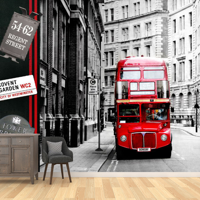 Red and Grey Nostalgic Mural Wallpaper Custom Size British Street Wall Decor, Personalized Size Available Clearhalo 'Wall Decor' 'Wall Mural' 1061248