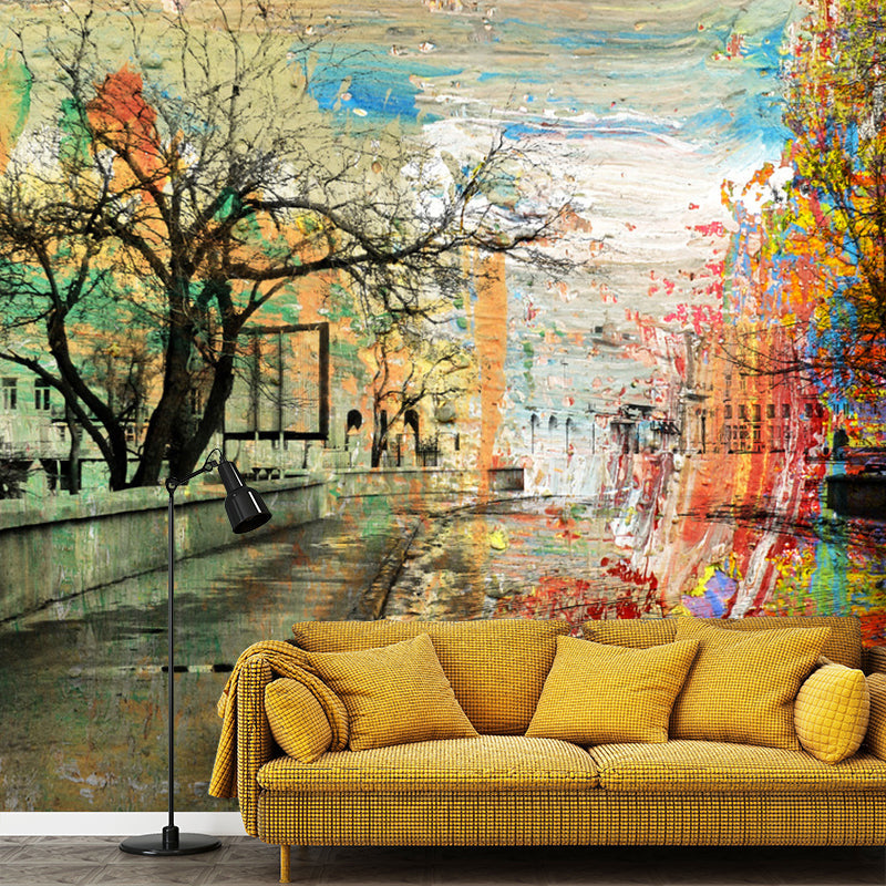 Watercolors of Street Mural Wallpaper for Accent Wall, Pink and Yellow, Personalized Size Available Pink-Yellow Clearhalo 'Wall Decor' 'Wall Mural' 1061266