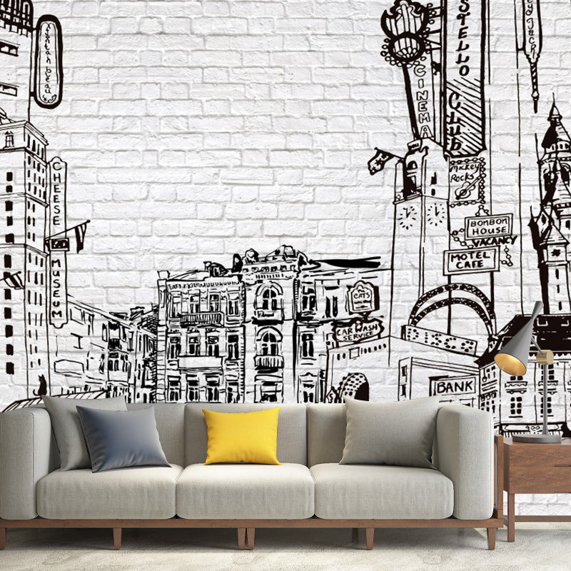 Simple Sketch of City Mural Wallpaper for Living Room Decor, Grey and Black, Custom Size Available Gray-Black Clearhalo 'Wall Decor' 'Wall Mural' 1061276