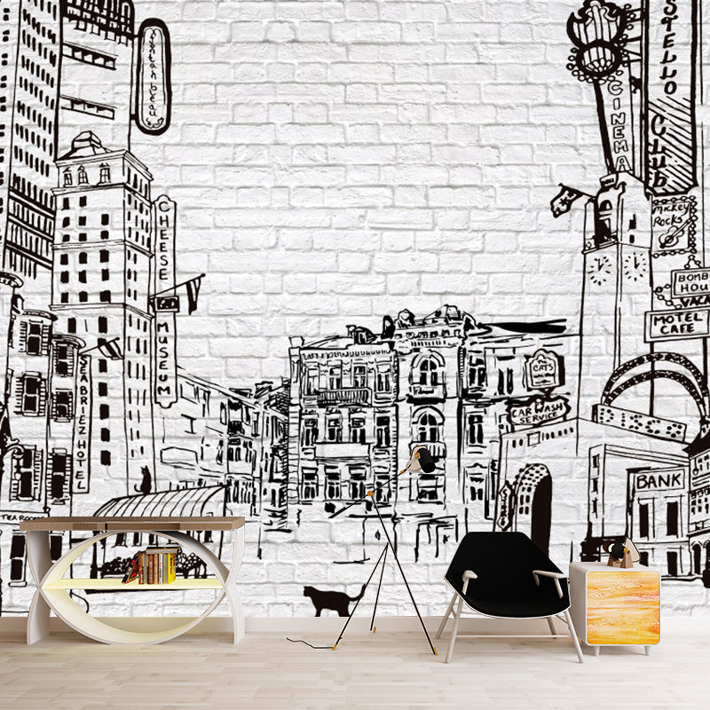 Simple Sketch of City Mural Wallpaper for Living Room Decor, Grey and Black, Custom Size Available Clearhalo 'Wall Decor' 'Wall Mural' 1061278