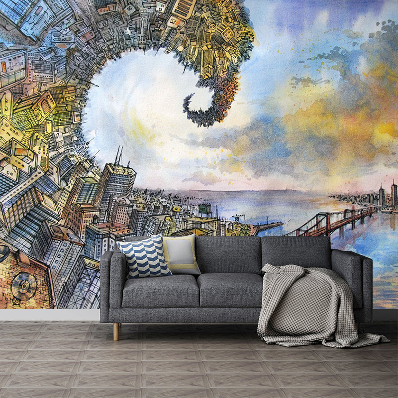 Simplicity Urban Scenery Wall Art in Blue and Yellow Guest Room Decorative Wall Mural, Made to Measure Yellow-Blue Clearhalo 'Wall Decor' 'Wall Mural' 1061286