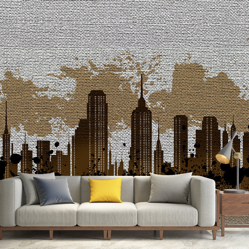 Retro City Scene Wall Art for Accent Wall, Custom-Made Wall Mural Decal in Grey and Yellow Grey Clearhalo 'Wall Decor' 'Wall Mural' 1061301