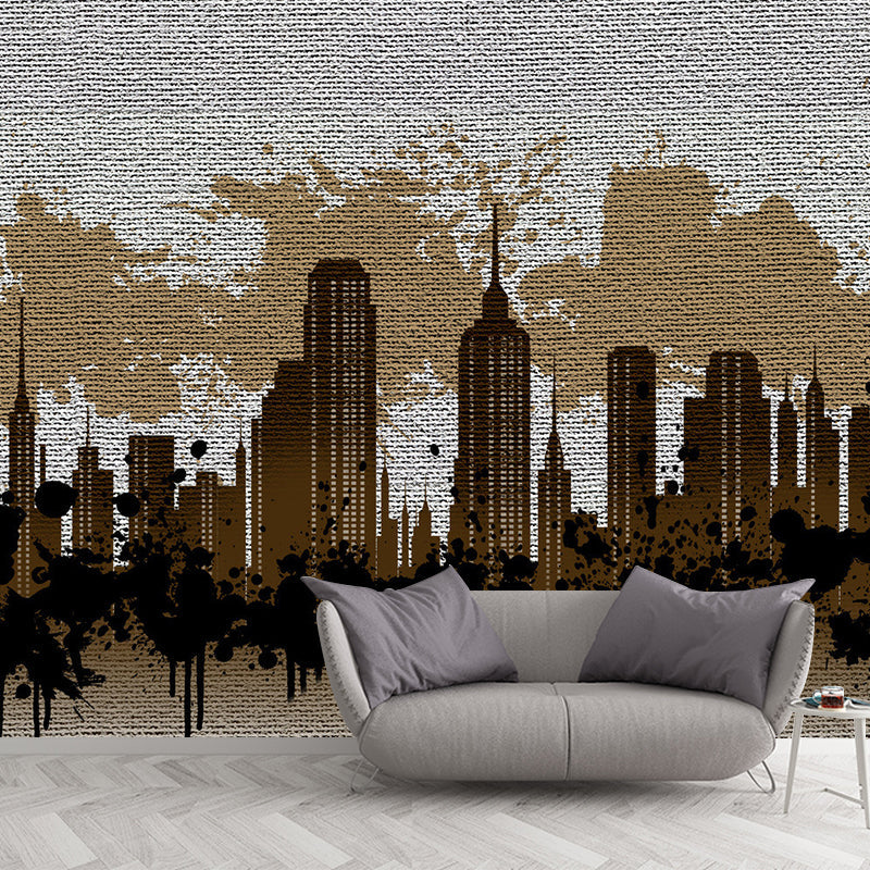 Retro City Scene Wall Art for Accent Wall, Custom-Made Wall Mural Decal in Grey and Yellow Clearhalo 'Wall Decor' 'Wall Mural' 1061302