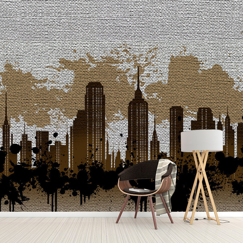 Retro City Scene Wall Art for Accent Wall, Custom-Made Wall Mural Decal in Grey and Yellow Clearhalo 'Wall Decor' 'Wall Mural' 1061303