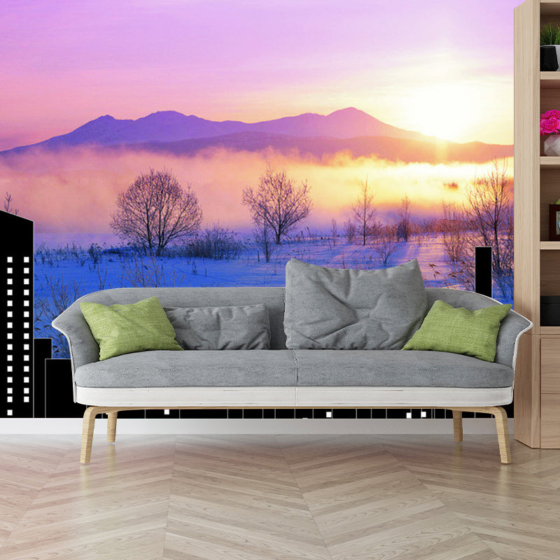 Large Illustration Simple Mural Wallpaper for Living Room Decoration with City Design in Purple and Blue Clearhalo 'Wall Decor' 'Wall Mural' 1061313