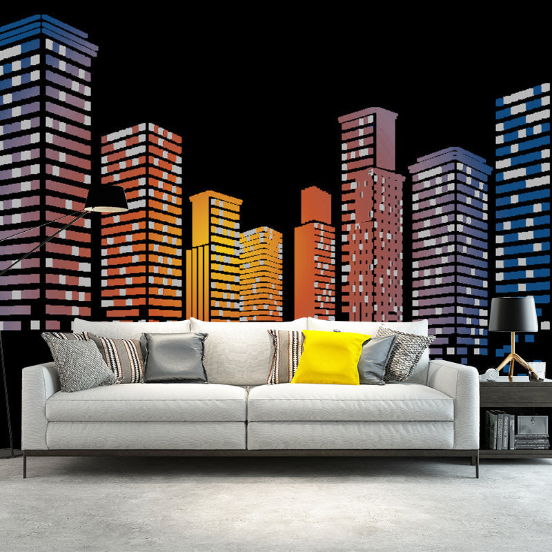 Luminous Night City Mural Wallpaper for Office Room, Orange and Black, Personalized Size Available Orange-Black Clearhalo 'Wall Decor' 'Wall Mural' 1061346