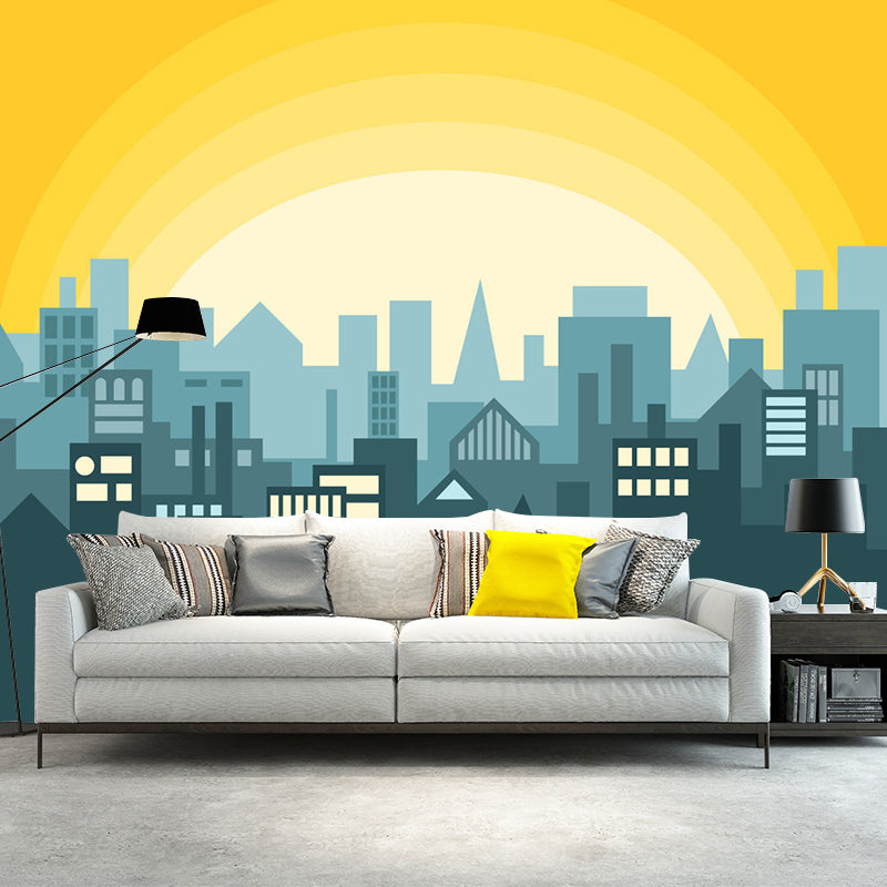 Nordic City Scenery Wall Mural in Blue and Yellow Living Room Wall Art, Custom Size Available Yellow-Blue Clearhalo 'Wall Decor' 'Wall Mural' 1061356