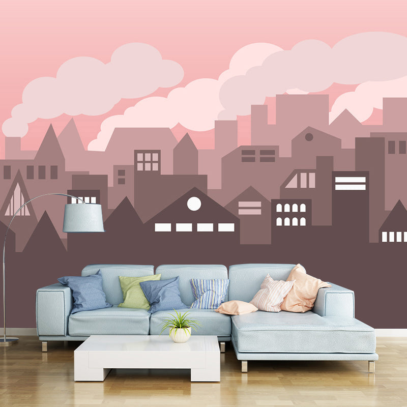 Soft Pink Industrial City Mural Wallpaper Water-Resistant Wall Art for Girl's Bedroom Decoration Clearhalo 'Wall Decor' 'Wall Mural' 1061363