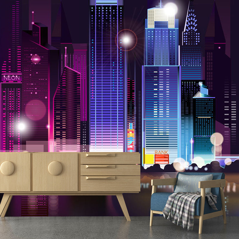 Illustration Style Skyscrapers Wall Art Full Size Wall Mural Decal for Accent Wall, Custom-Printed Blue-Purple Clearhalo 'Wall Decor' 'Wall Mural' 1061366