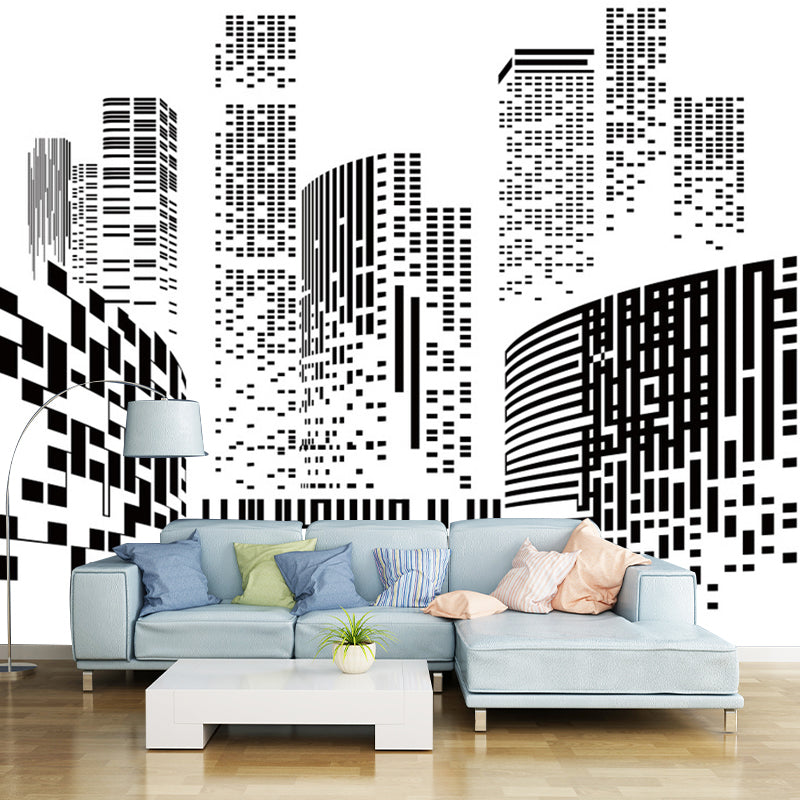 Modern City Wall Mural Decal for Office Room, Personalized Size Wall Decor in Black and White Black-White Clearhalo 'Wall Decor' 'Wall Mural' 1061371