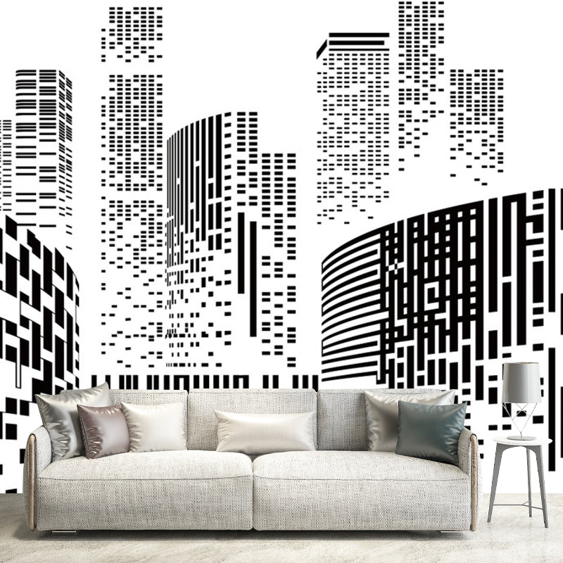 Modern City Wall Mural Decal for Office Room, Personalized Size Wall Decor in Black and White Clearhalo 'Wall Decor' 'Wall Mural' 1061372