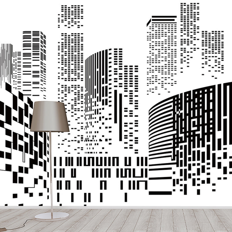 Modern City Wall Mural Decal for Office Room, Personalized Size Wall Decor in Black and White Clearhalo 'Wall Decor' 'Wall Mural' 1061373