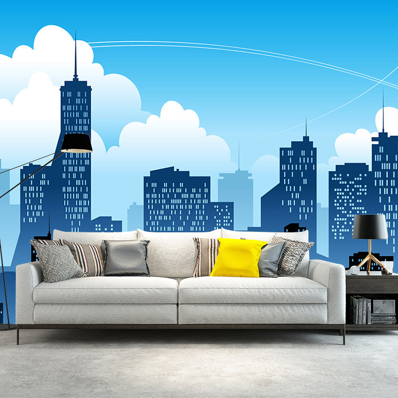 Whole City and Sky Mural Wallpaper Buildings Wall Covering in Soft Blue, Stain-Resistant Blue Clearhalo 'Wall Decor' 'Wall Mural' 1061376