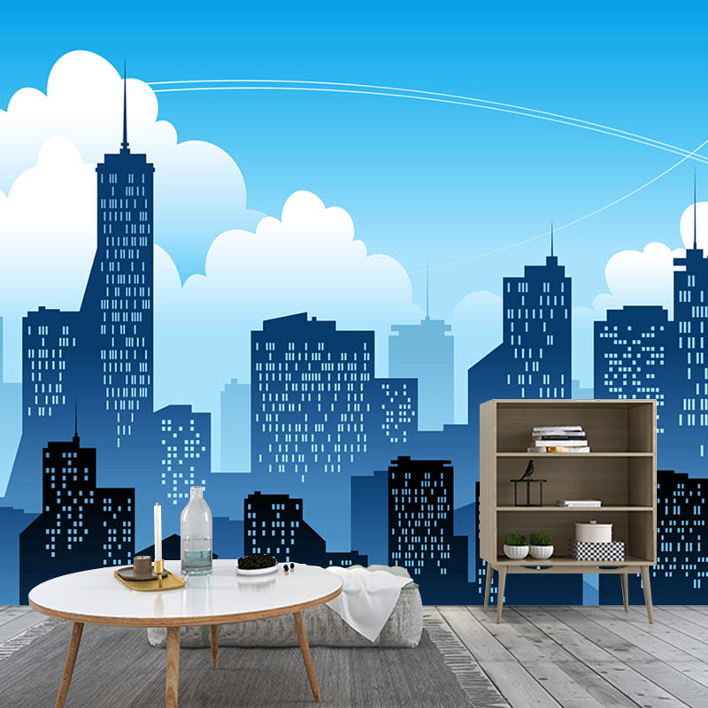 Whole City and Sky Mural Wallpaper Buildings Wall Covering in Soft Blue, Stain-Resistant Clearhalo 'Wall Decor' 'Wall Mural' 1061377