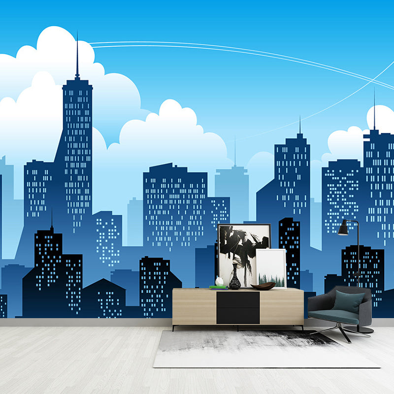 Whole City and Sky Mural Wallpaper Buildings Wall Covering in Soft Blue, Stain-Resistant Clearhalo 'Wall Decor' 'Wall Mural' 1061378