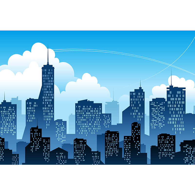 Whole City and Sky Mural Wallpaper Buildings Wall Covering in Soft Blue, Stain-Resistant Clearhalo 'Wall Decor' 'Wall Mural' 1061379