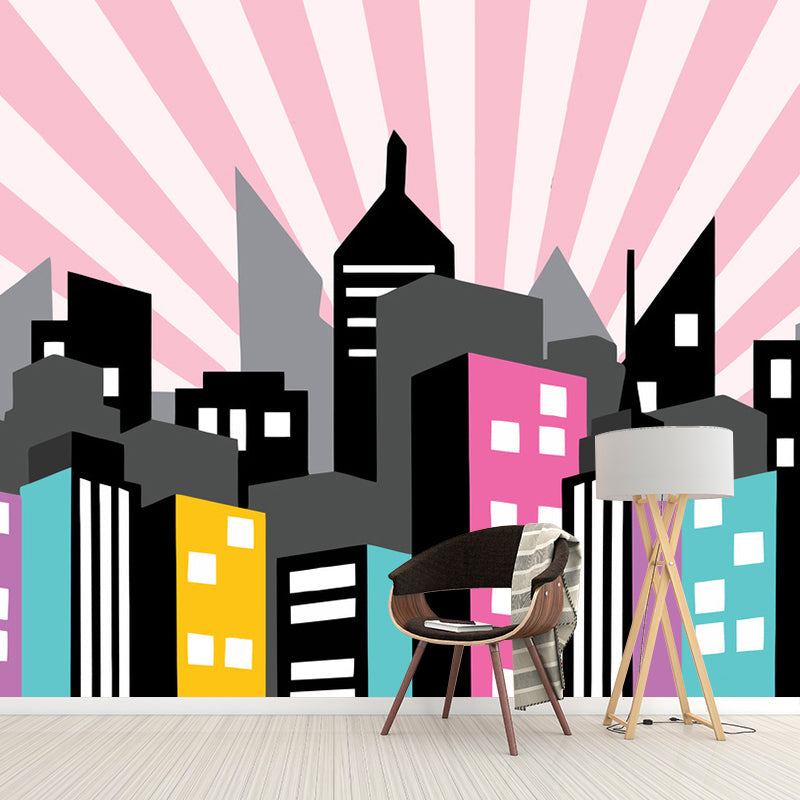 Full Size Illustration Simple Mural Wallpaper for Home Decoration with City Buildings Design in Pink Pink Clearhalo 'Wall Decor' 'Wall Mural' 1061381