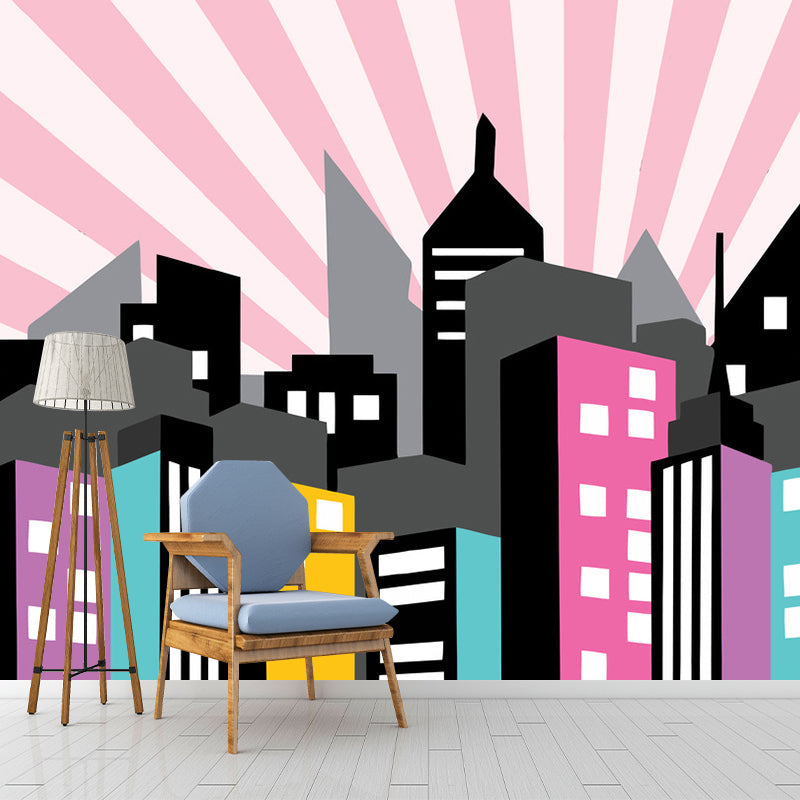 Full Size Illustration Simple Mural Wallpaper for Home Decoration with City Buildings Design in Pink Clearhalo 'Wall Decor' 'Wall Mural' 1061382