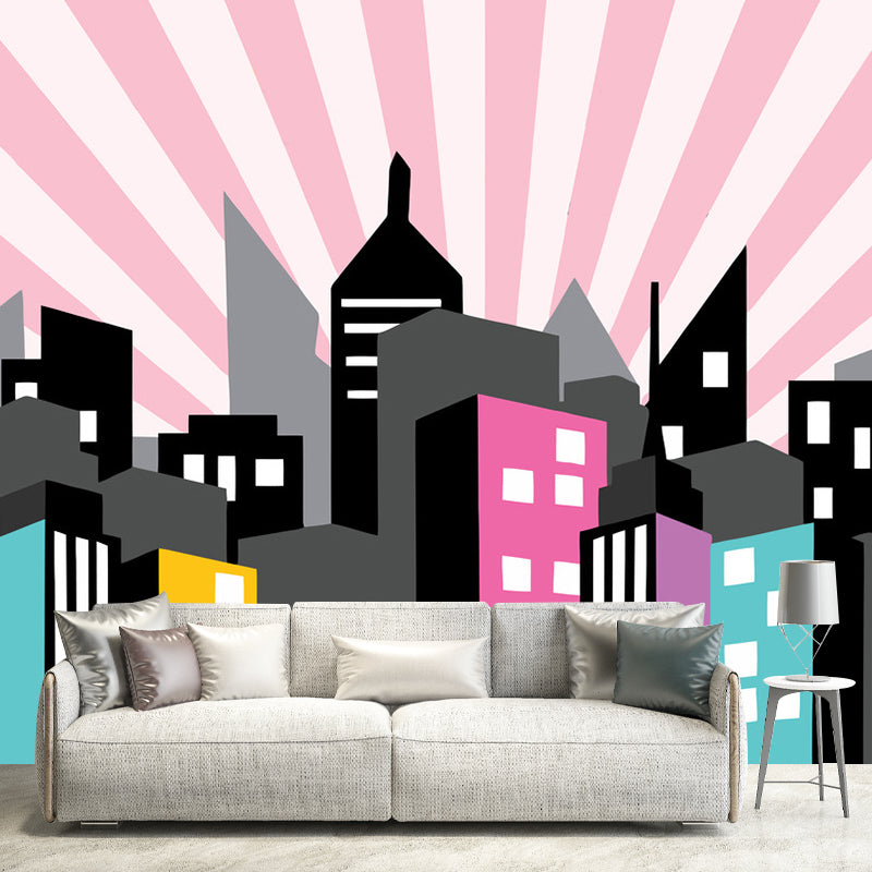 Full Size Illustration Simple Mural Wallpaper for Home Decoration with City Buildings Design in Pink Clearhalo 'Wall Decor' 'Wall Mural' 1061383