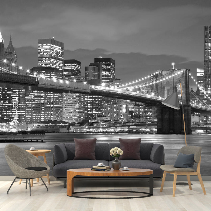 Grey Modernism Wall Covering Personalized Size Night City Wall Mural for Meeting Room Decoration Grey Clearhalo 'Wall Decor' 'Wall Mural' 1061423