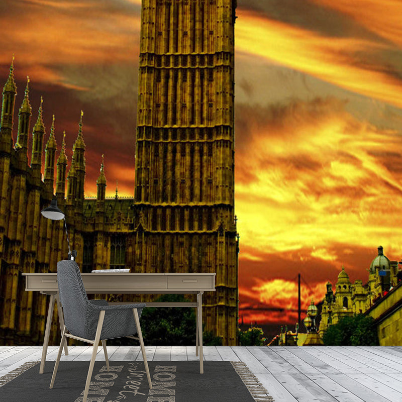 Nordic Big Ben Wall Mural in Orange Meeting Room Decorative Wall Covering, Made to Measure Orange Clearhalo 'Wall Decor' 'Wall Mural' 1061497