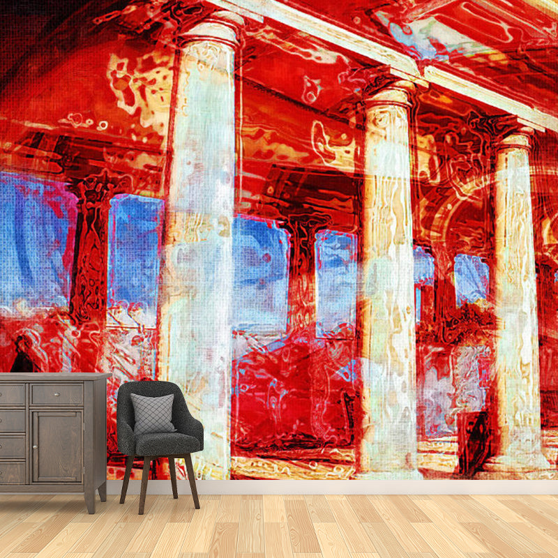 Retro Column Buildings Wall Art for Guest Room Decor, Extra Large Wall Mural in Red Red Clearhalo 'Wall Decor' 'Wall Mural' 1061512