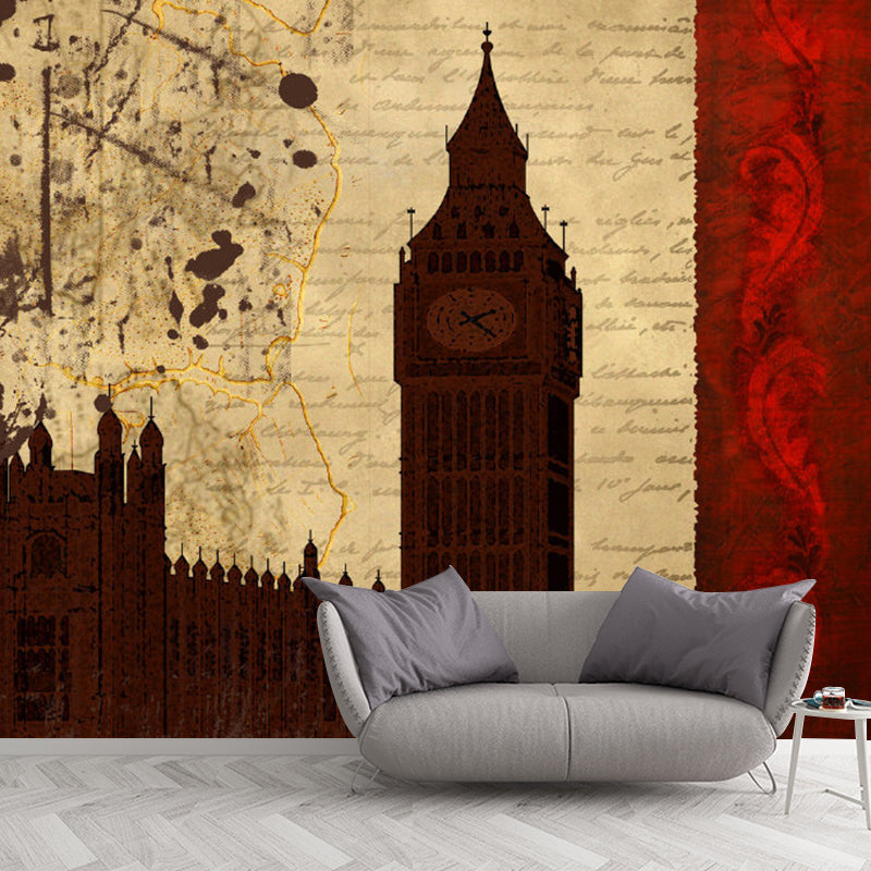 Full Illustration Retro Mural Wallpaper for Coffee Shop Decoration with Big Ben Design in Red and Brown Red Brown Clearhalo 'Wall Decor' 'Wall Mural' 1061522