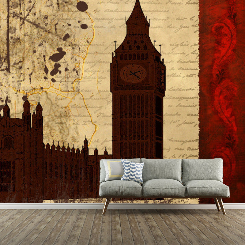 Full Illustration Retro Mural Wallpaper for Coffee Shop Decoration with Big Ben Design in Red and Brown Clearhalo 'Wall Decor' 'Wall Mural' 1061524