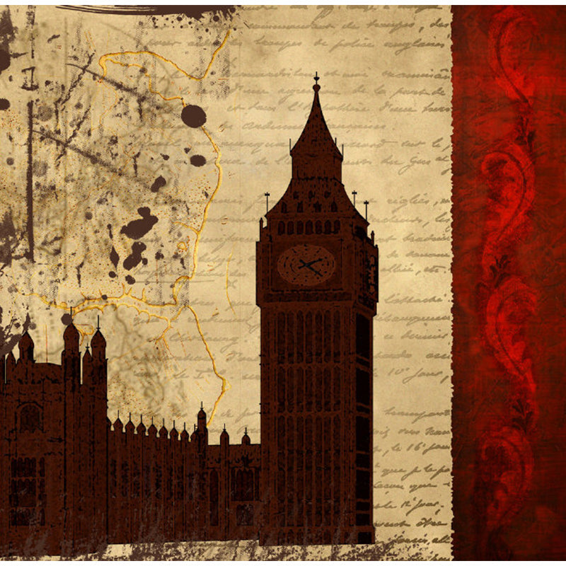 Full Illustration Retro Mural Wallpaper for Coffee Shop Decoration with Big Ben Design in Red and Brown Clearhalo 'Wall Decor' 'Wall Mural' 1061525