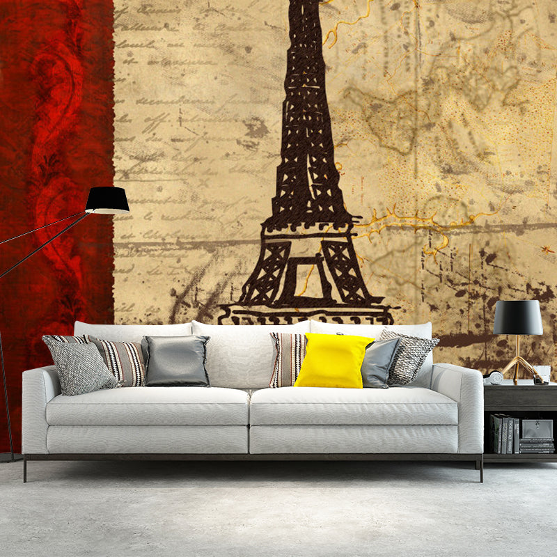 Big Illustration Eiffel Tower Mural for Home Decoration in Red and Brown, Made to Measure Red Brown Clearhalo 'Wall Decor' 'Wall Mural' 1061527