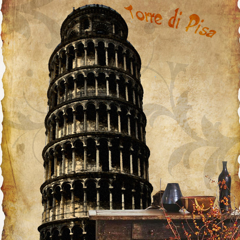 Black and Brown Retro Mural Extra Large Pisa Tower Wall Covering for Coffee Shop Decoration Clearhalo 'Wall Decor' 'Wall Mural' 1061543