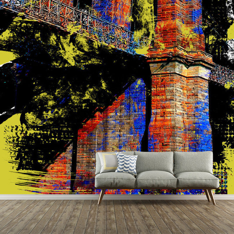 Industrial City Constructions Mural Wallpaper for Coffee Shop Decor Urban Scene Wall Art, Made to Measure Red-Yellow-Blue Clearhalo 'Wall Decor' 'Wall Mural' 1061557