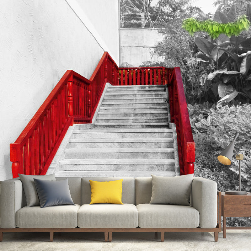 Minimalist Stairs Wall Mural Decal for Bedroom Decor, Custom Size Wall Covering in Grey and Red Red-Gray Clearhalo 'Wall Decor' 'Wall Mural' 1061605