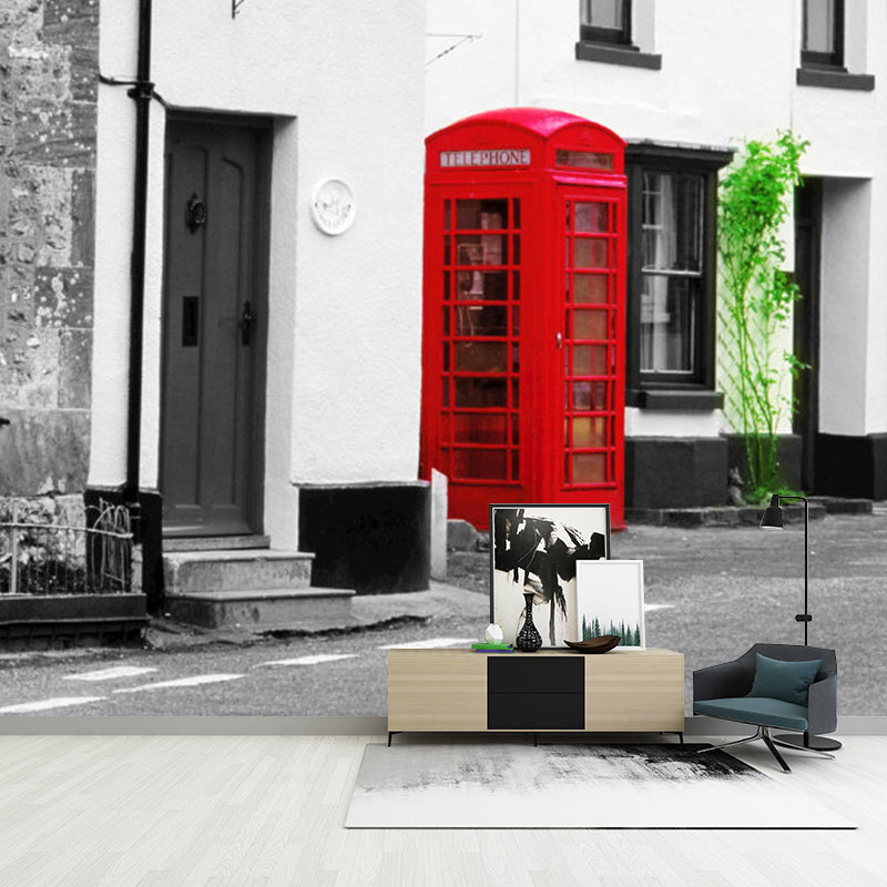 Big Telephone Booth Mural Wallpaper for Living Room Decor England Street Wall Art, Water-Resistant Clearhalo 'Wall Decor' 'Wall Mural' 1061611