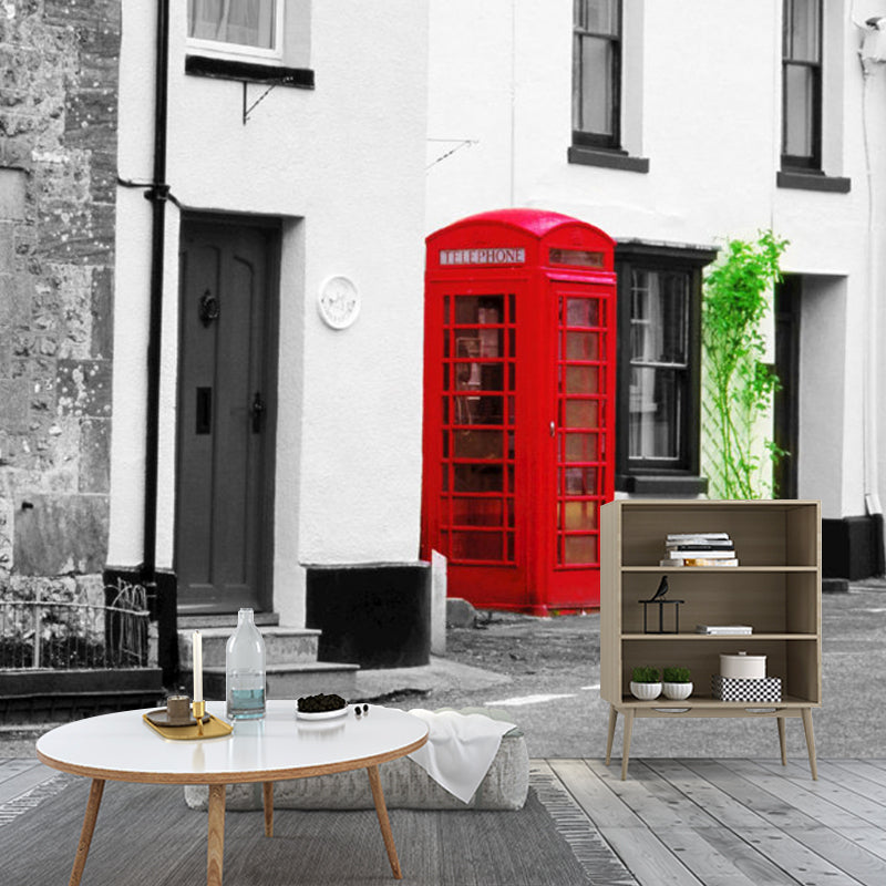 Big Telephone Booth Mural Wallpaper for Living Room Decor England Street Wall Art, Water-Resistant Clearhalo 'Wall Decor' 'Wall Mural' 1061612