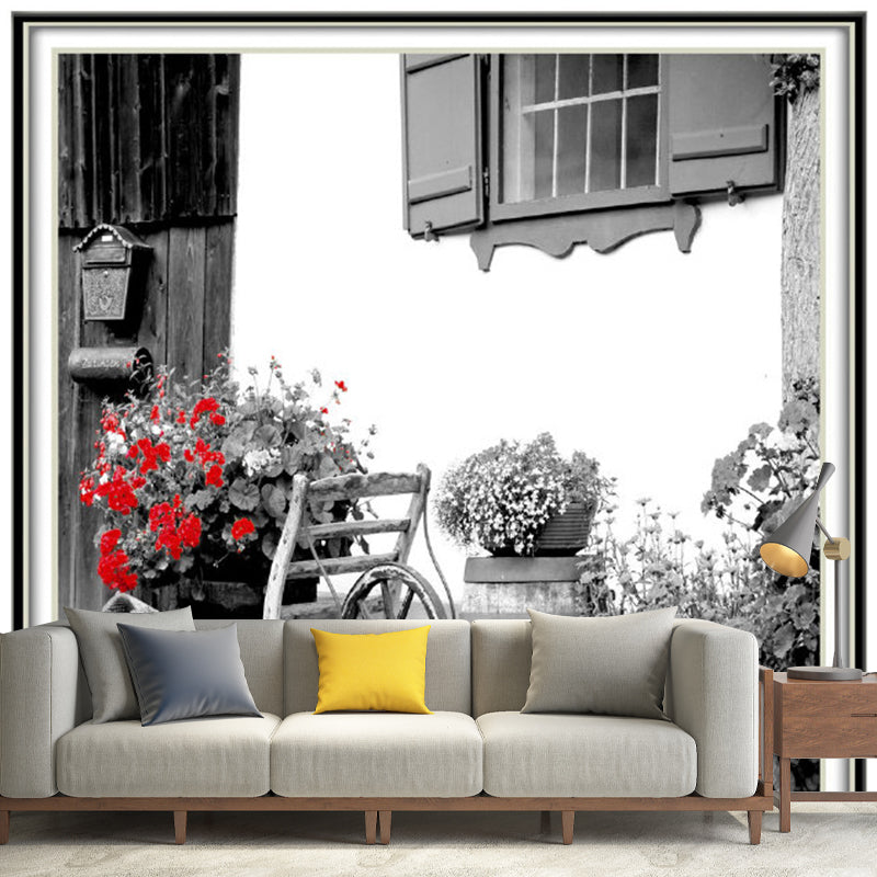 Big Photo Blossoming Street Mural Wallpaper for Dress Shop Decoration in Red and Grey, Made to Measure Red-Gray Clearhalo 'Wall Decor' 'Wall Mural' 1061620